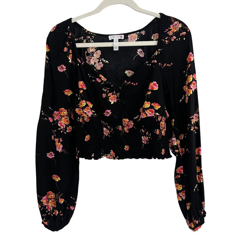 Leith Smocked Crop Black Floral Top Sweetheart Neckline Boho Peasant Size M - Picture 3 of 11